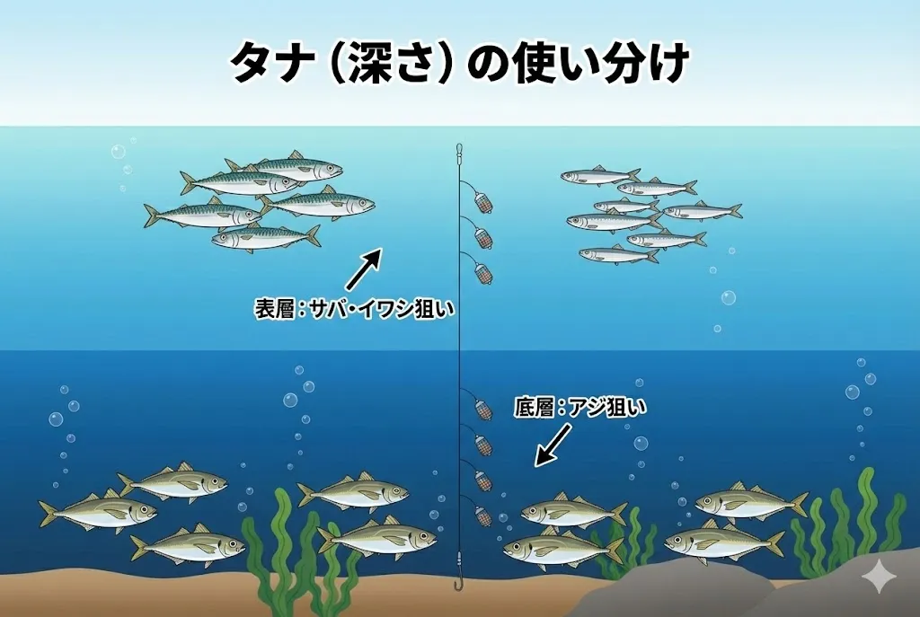 サビキ釣りのタナ（深さ）の使い分け図解：表層はサバやイワシ、底層はアジが回遊しやすい